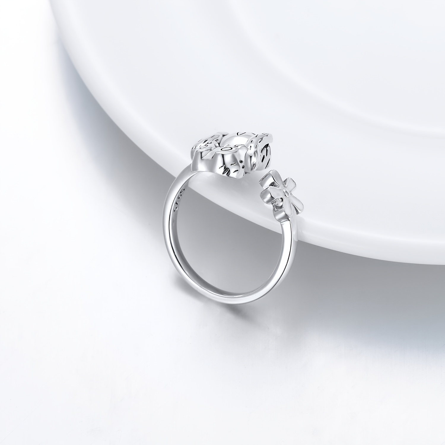 Women's Adjustable 925 Sterling Silver Sloth Open Ring with Flower